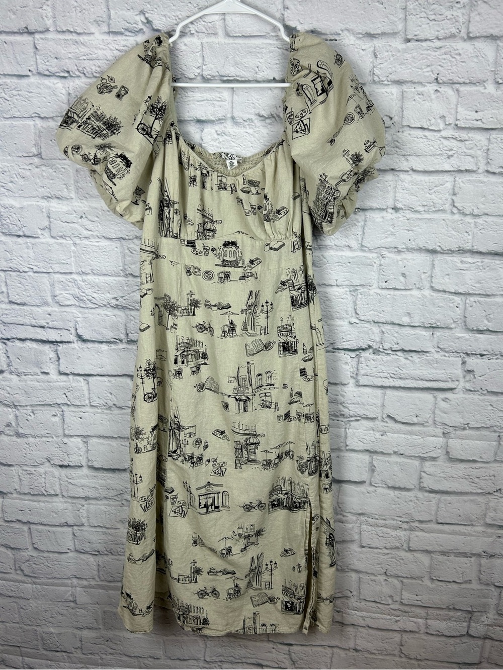 Tulip Creations XL Paris Café Print Linen Blend Puff Sleeve Midi Dress